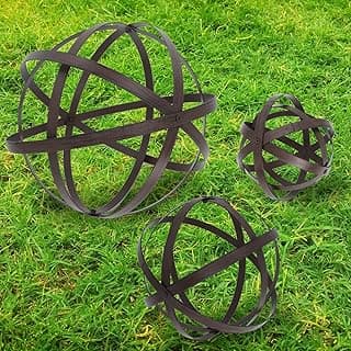 3 PCS Garden Spheres Balls Assorted Size Distressed Metal Band Decorative Sphere Folding Orbs Sculpture for Outdoor Indoor Decorations 7" 10" 12" Diameter (Rusty)