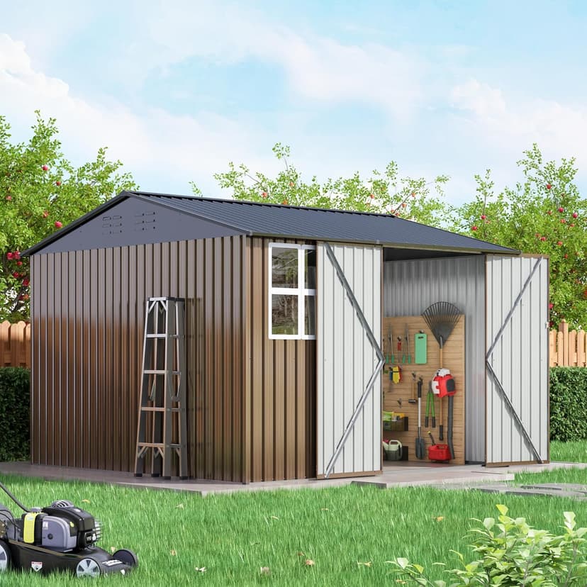 10x10 FT Large Outdoor Storage Shed, Metal Clearance Tiny Home with Windows & Lockable Doors for Backyard Garden, Patio Lawn, Placing Tools/Sundries/Guarder Inhabit/Raise Chickens/Poultry