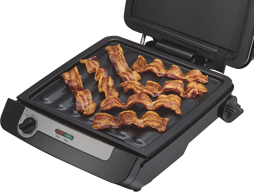 Hamilton Beach 4-in-1 Indoor Grill & Electric Griddle Combo with Bacon Cooker, Opens Flat to Double Cooking Surface, Removable Nonstick Plates, Black & Silver (25601)