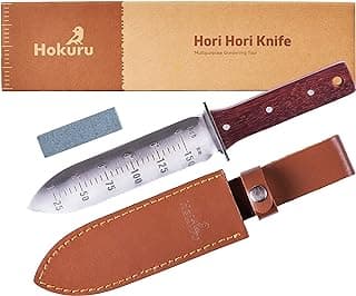 Hori Hori Knife - Landscaping, Digging, Weeding, Cutting, Planting Gardening Tool With Leather Sheath, Stainless Steel Blade and Sharpening Stone