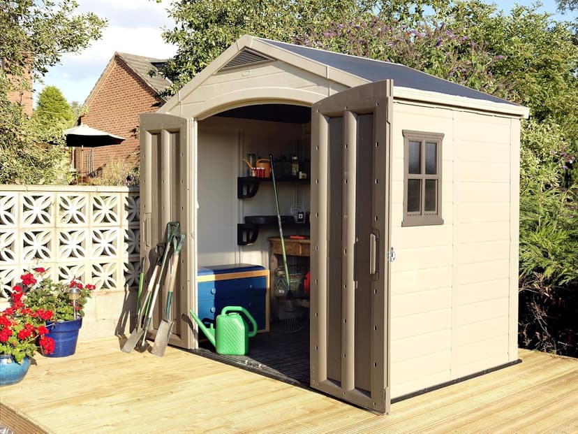 Keter Factor 8x6 Large Resin Outdoor Storage Shed for Patio Furniture, Lawn Mower, Garden Accessories Yard Tools, and Pool Toys, Taupe