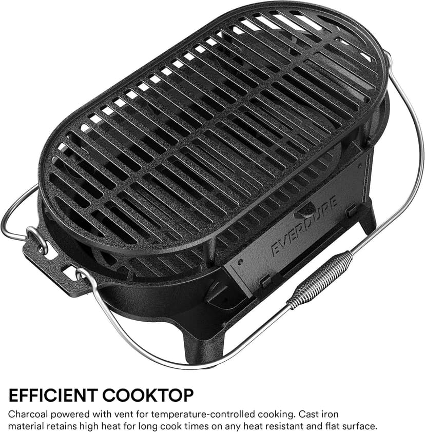 Everdure Oval Cast Iron Grill & Cover – Outdoor, Portable Charcoal Grill and Tabletop Cast Iron Skillet - 100% Cast Iron, Enameled, Durable, Small Charcoal Grill, Camping Stove, Hibachi Grill