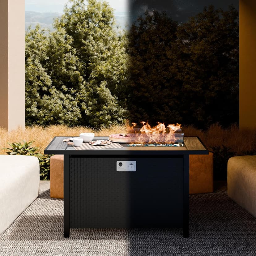 JAMFLY Propane Fire Pit Table 45 Inch, 50,000 BTU Outdoor Gas Firepit Table for Outside Patio with Glass Wind Guard, Blue Glass Rocks,Waterproof Cover, Gray