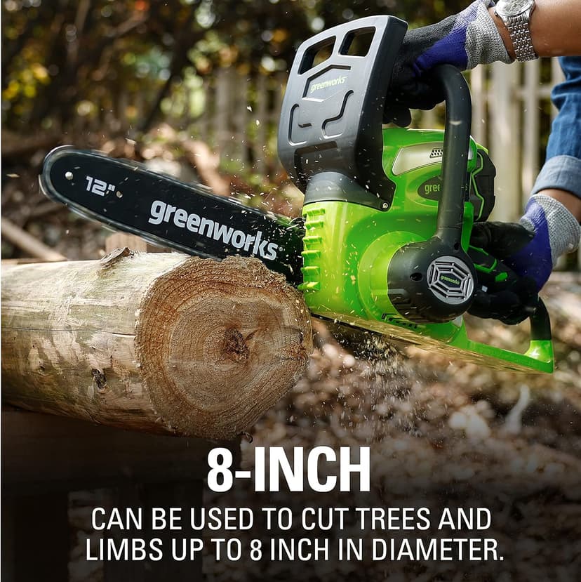 Greenworks 40V 12" Cordless Compact Chainsaw (Great For Storm Clean-Up, Pruning, and Camping), 2.0Ah Battery and Charger Included