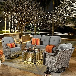 ovios 5 Piece Outdoor Patio Furniture with 3 Seat Sofa,Rattan Wicker Coversation Set with Swivel Rocking Chair,Balcony Sofa Set with Shiny Table for Outside Porch Backyard Pool,Dark Grey
