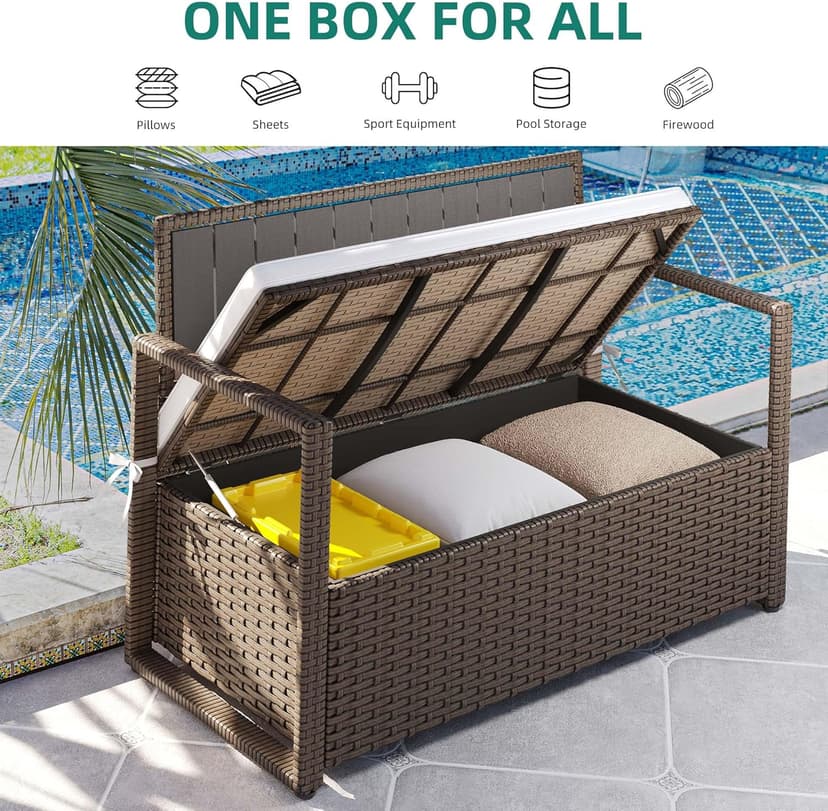 YITAHOME 70 Gallon All-Weather PE Rattan Storage Bench, Waterproof Deck Box Seat for Patio Furniture, Outdoor Cushions, Pool & Garden Tools, Brown