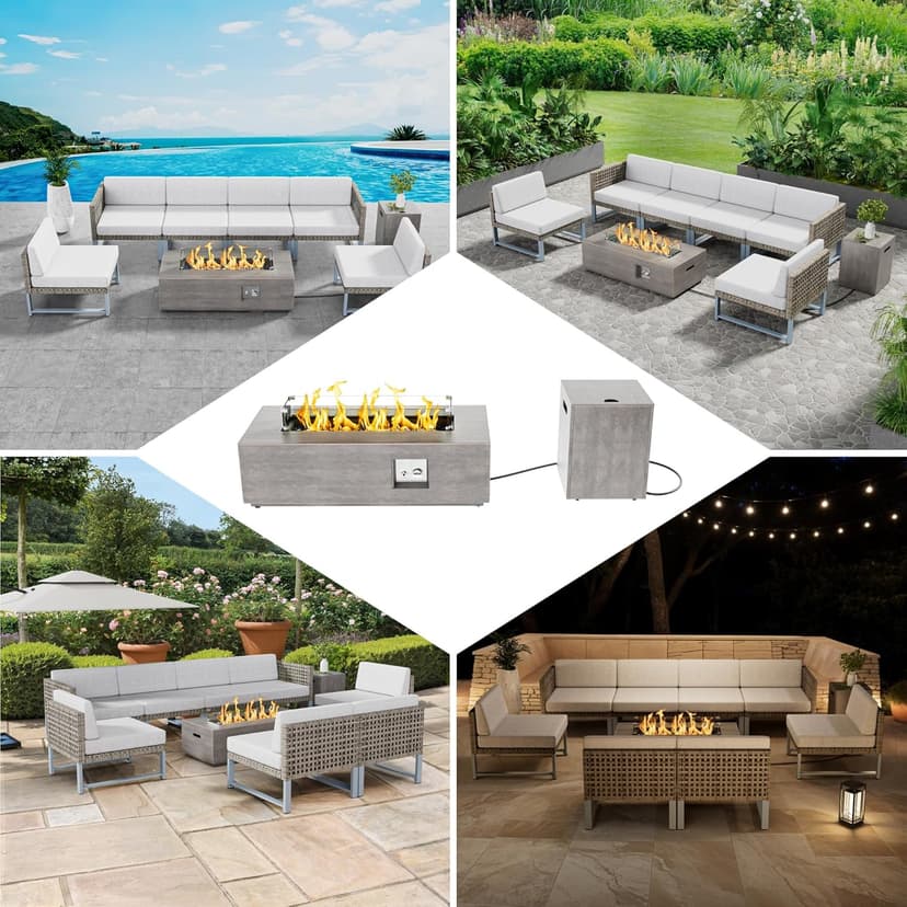 42" Rectangular Propane Fire Pit – 50,000 BTU Fire Table with Wind Guard Glass, Lid, Rocks and Cover – Backyard Fire Pits Outdoor – Propane Gas Fireplace for Deck or Patio (Grey, 42" Standard)