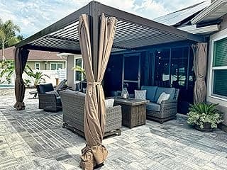 Domi Outdoor Living 10’ X 13’ Outdoor Louvered Pergola Aluminum Patio Garden Pergola with Adjustable Roof for Backyard, Garden w/Curtains and Netting (Dark Brown)