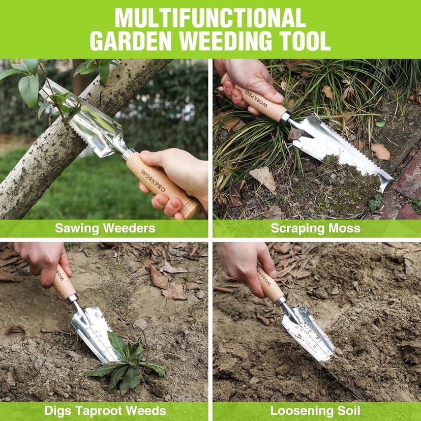 WORKPRO 12.5" Weeder Puller Tool with Wood Handle, 4-in-1 Polished Stainless Steel Garden Trowel, Hori Hori Garden Knife for Easy Weeder Removal, Planting, Weeding, Small Gardening Hand Tools