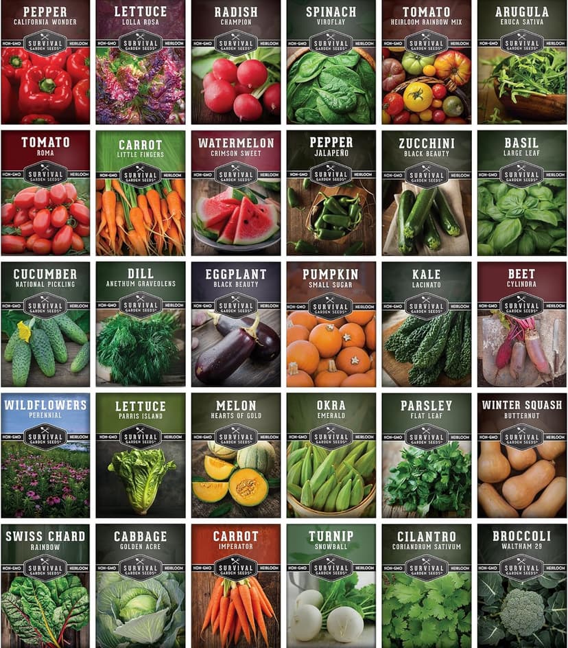 Survival Garden Seeds Home Garden 30 Variety Pack - 18,500+ Heirloom Vegetable, Fruit Seeds - Non-GMO, Non-Hybrid, Open-Pollinated for Outdoor & Indoor Gardens, Prepping, Hydroponics, Survival Food