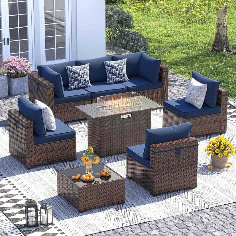 UDPATIO Patio Furniture Set with Fire Pit Table, 8 Piece Outdoor Sectional Modular Sofa, Wicker Outdoor Furniture Conversation Sets with Waterproof Cover for Backyard Deck (Brown/Navy Bule)