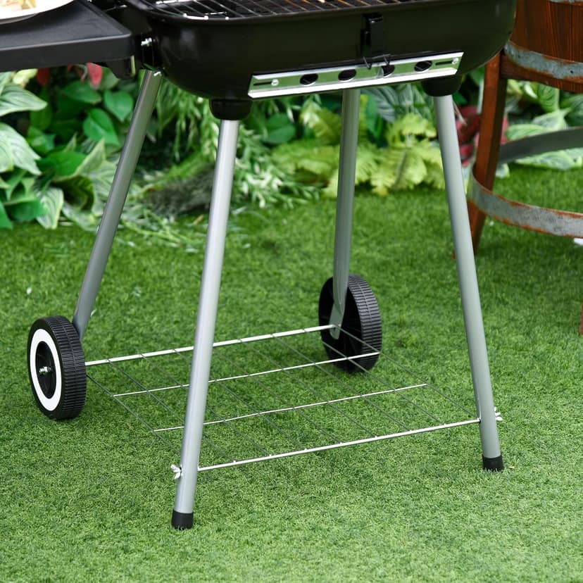 Outsunny Portable Charcoal Grill with Foldable Side Shelf and Bottom Shelf, BBQ Smoker with Wheels and Adjustable Vents on Lid for Picnic Camping Backyard Cooking, Black