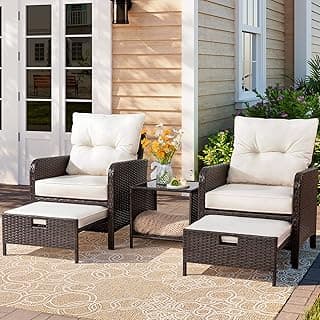 Vongrasig 5 Piece Patio Furniture Set, Small Balcony Furniture, PE Wicker Rattan Outdoor Lounge Chairs with Soft Cushions 2 Ottoman&Glass Table, Patio Chairs Set of 2 for Porch (Beige)