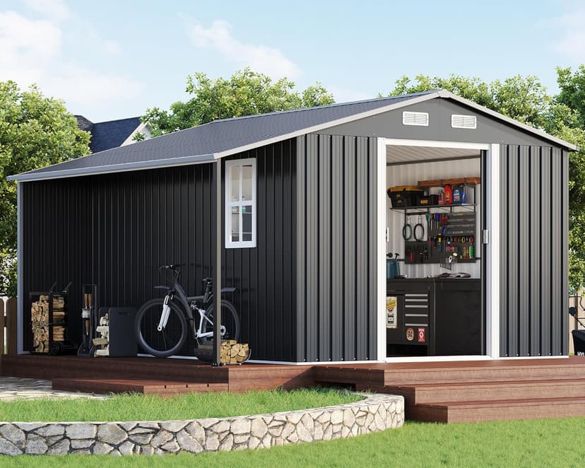 AMERLIFE 10.6x10.3x6.3 FT Outdoor Storage Shed with Sliding Doors Two 4-Pane Windows, Open Outdoor Shed for Wood Storage, Dark Grey/White