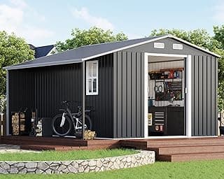 AMERLIFE 10.6x10.3x6.3 FT Outdoor Storage Shed with Sliding Doors Two 4-Pane Windows, Open Outdoor Shed for Wood Storage, Dark Grey/White