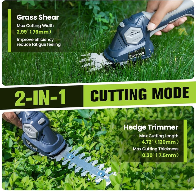 Cordless Grass Shear & Hedge Trimmer, Electric Shrub Trimmer - 2 in 1 Handheld Grass Cutter, Hedge Shear for Garden, Lawn, Rechargeable Lithium-Ion Battery and Type-C Cable Included