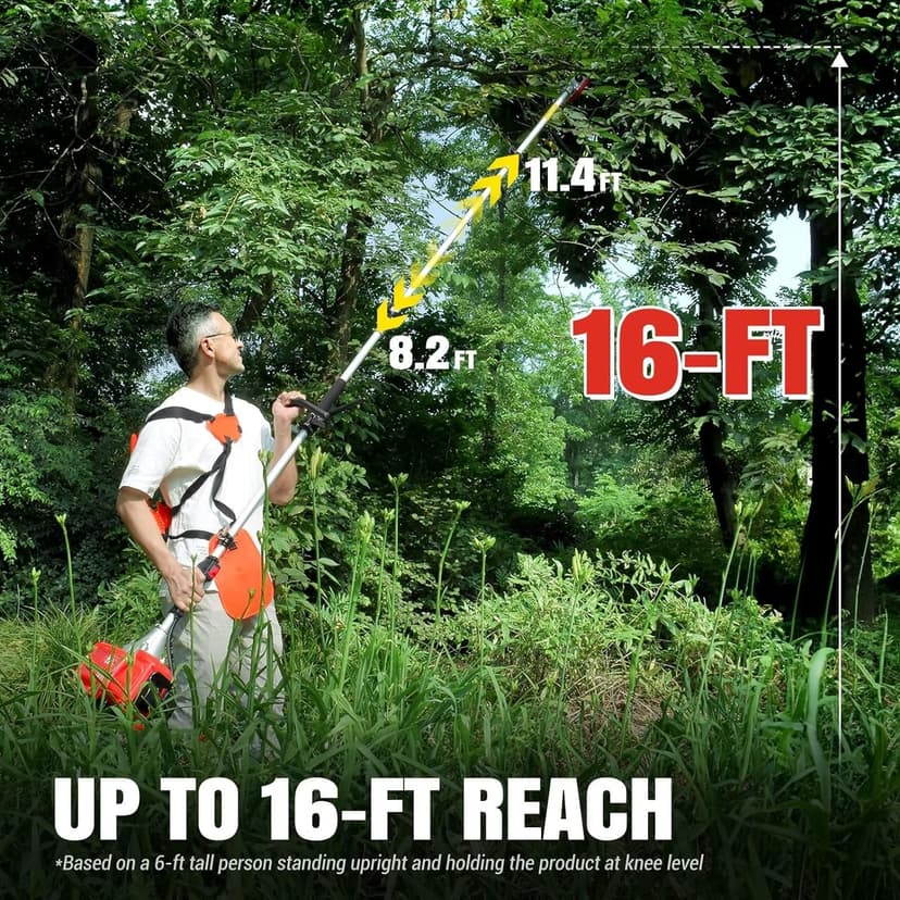 Pole Saw Gas Powered, 16-Foot Reach 42.7CC 2-Cycle 10-Inch Bar Cordless Extendable Long Trimmer Power Gasoline Chainsaw For Tree Hedge Trimming Bush Pruning, Regular Saw Head