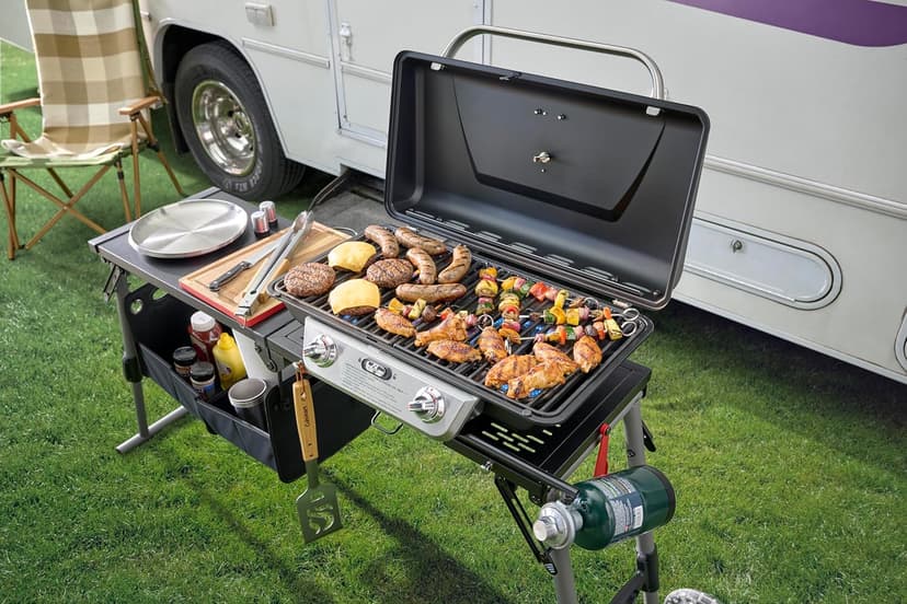 Cuisinart Prep ‘N Go Folding Gas Grill, Portable Stand-Up Propane Grill with Compact Fold and Storage Tote, Wheels and Side Table, 18,000 BTUs for Camping, Tailgating, Outdoor Cooking