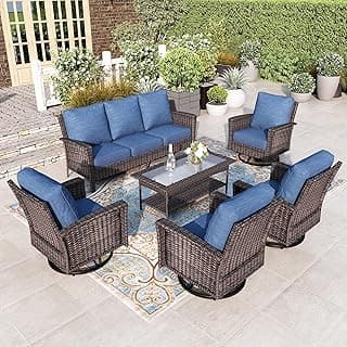 HERA'S HOUSE High Back Wicker Patio Furniture Set with Swivel Chairs, 6 Pieces Outdoor Seating Furniture, Outside Conversation Sets for Lawn Deck Backyard, Navy Blue