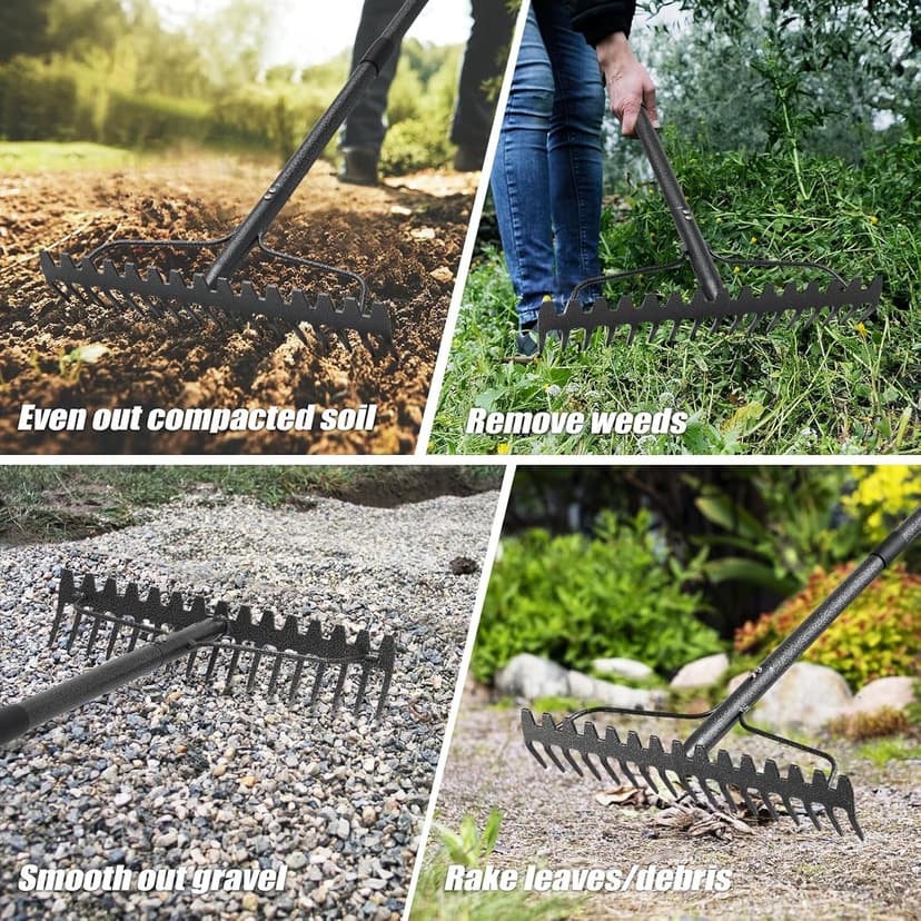 Garden Rake, 5FT Bow Rake Heavy Duty Leveling Rake with Adjustable Handle, 17 Tines Wide Head Metal Thatch Rake for Gardening Leaves Lawn Yard Mulch Rake