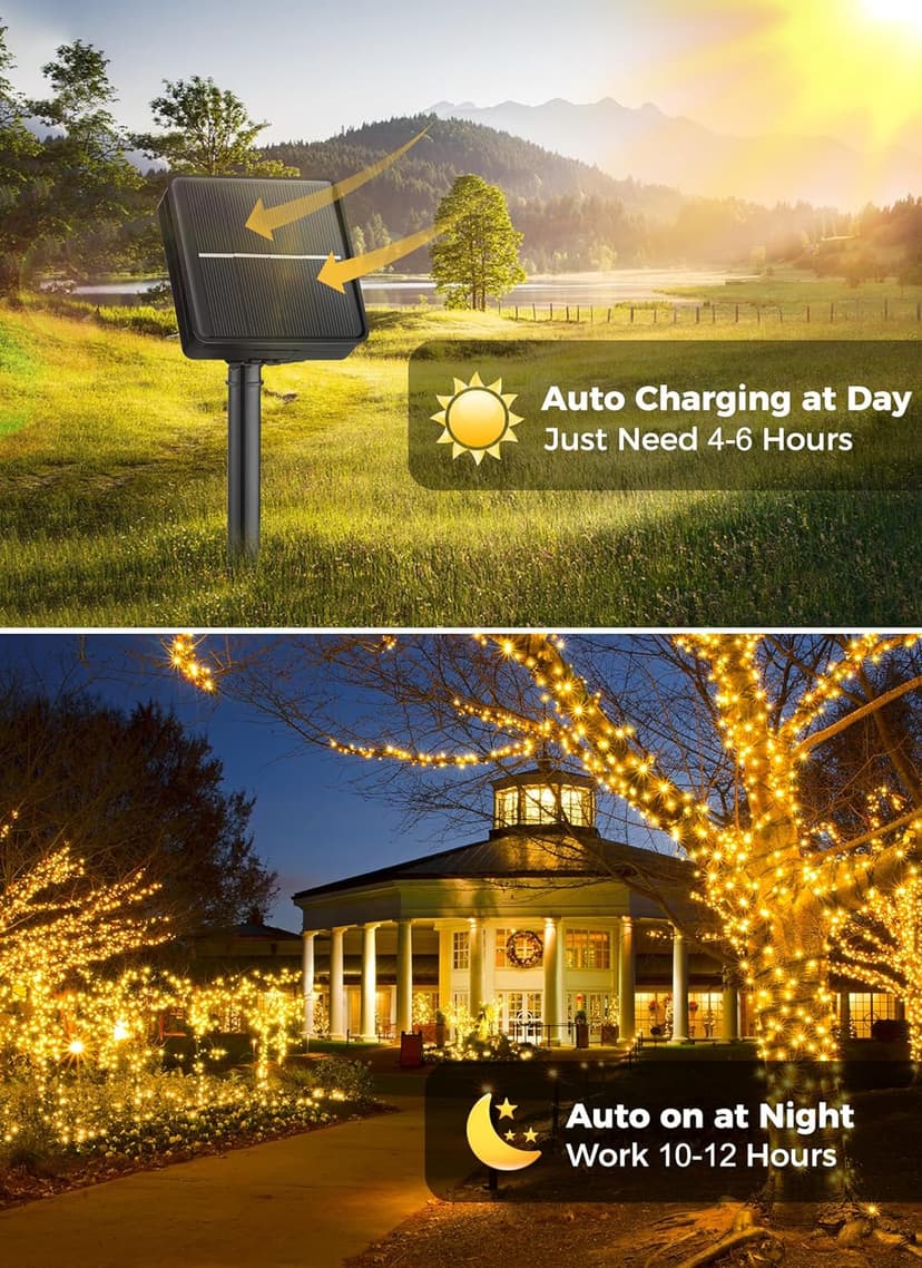 Minetom Solar String Lights Outdoor Waterproof- 40 FT 100 LED Solar Powered String Lights with 8 Lighting Modes, IP65 Waterproof Solar Lights for Outdoor Outside Tree Party Decor, Warm White
