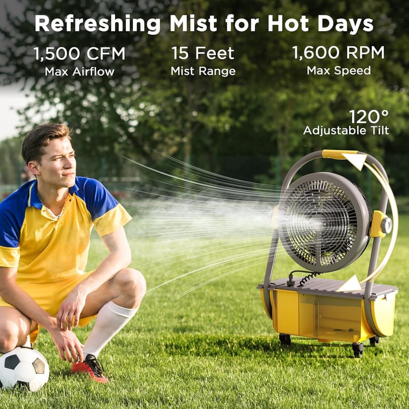 TURBRO Cordless Misting Fan with 11L Tank, High Pressure Spray Nozzles, 15ft Mist Range, Up to 50 Hours Run Time with Rechargeable Battery, 360° Swivel Wheels, Ideal for Patio, Pool and Outdoor Use