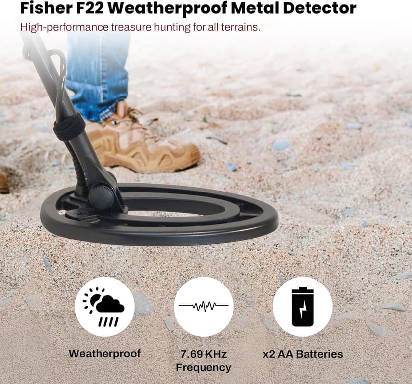 Fisher F44 Metal Detector with Weatherproof Design, Large LCD Display, and Sensitive Detection Features, Ideal for Both Beginners and Experienced Treasure Hunters Seeking Reliable Performance.