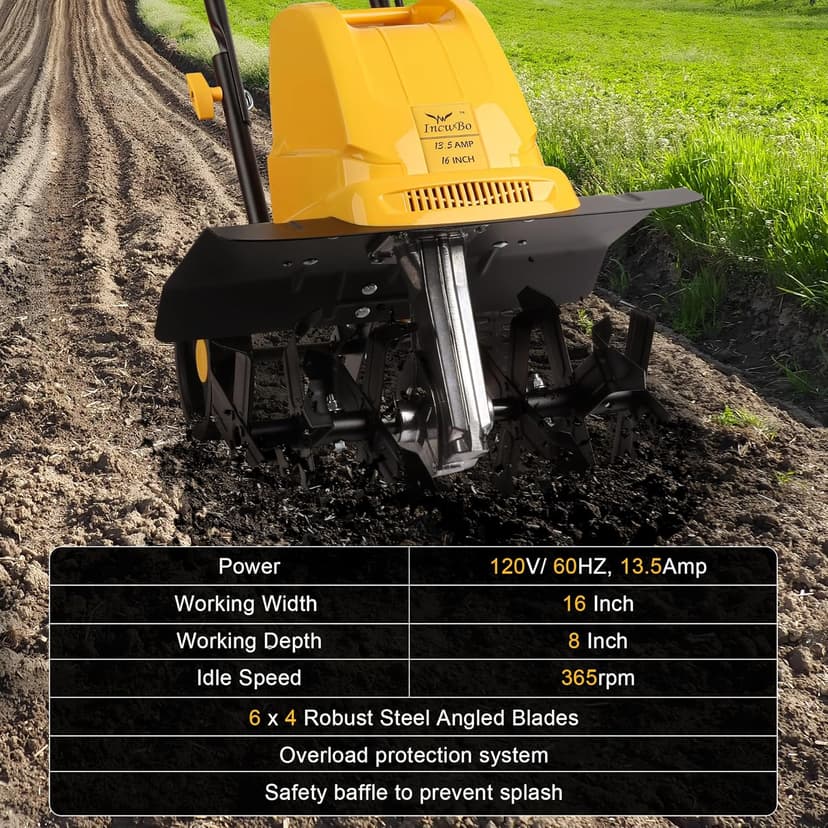 Garden Rototiller 16-Inch 13.5-Amp Corded Electric Tiller/Cultivator, Adjustable Wheels, 8-Inch Tilling Depth, Powerful and Lightweight Tiller
