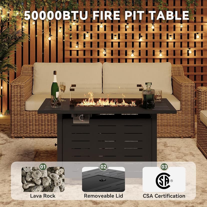 Aoxun 44 Inch Propane Fire Pit 50,000 BTU Outdoor Gas Fire Table with Waterproof Cover and Glass Wind Guard, Rectangular Steel Firepit Table with Lid and Lava Rock for Outdoor, Patio, Backyard