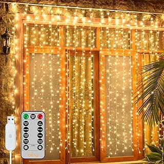 Ollny Curtain Lights 6.6x6.6ft, 200 LED String Lights with Remote 8 Modes Dimmable Timer, USB Power Fairy Light for Bedroom Backdrop Indoor Wall Window Wedding Decor, Warm White