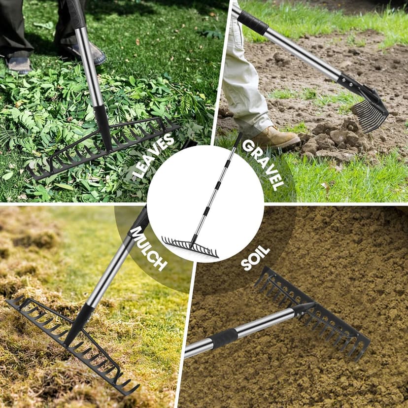 5.2FT Garden Rake, 16 Tines Metal Rakes with Adjustable Stainless Steel Handle, Bowrake for Lawns Heavy Duty Loosening Soil Farming Land Management, Gathering Leaf Yard Rake with Gloves