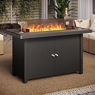 LAUSAINT HOME Propane Fire Pit Table 43 Inch with Lid, 55,000 BTU Gas Fire Pits for Outside Patio with Glass Wind Guard, Gray Glass Beads