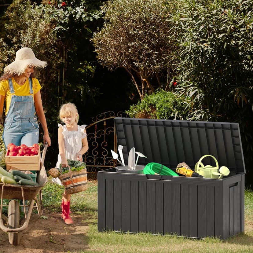 NUNU LAB 74 Gallon Outdoor Storage Box,Large Resin Sturdy Deck Box, Backyard Outside Storage Box Waterproof with Double Wall Panels,Package Delivery Garden Hose Storage Bin Outdoor Tool