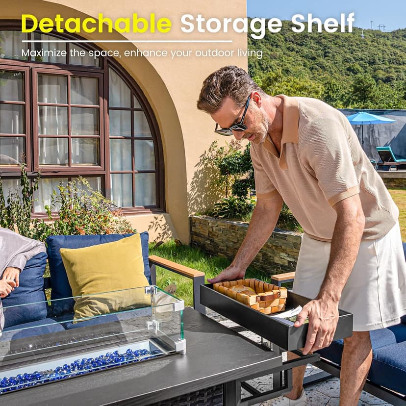 Sundale Outdoor 52 Inch Outdoor Fire Pit Table, 50000 BTU Propane Fire Pits with Storage Shelf, Glass Wind Guard and Lid, Wicker Patio Gas Fire Pit for Outside Patio and Garden, CSA-Listed(Grey)