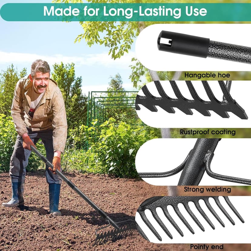 Rake, 49 Inch Garden Bow Rake with 17 Tines, Heavy Duty Raking Tool for Gardening Landscaping Loosening Soil Leveling Mulching Gravel Gathering Leaf Thatch Lawn Care