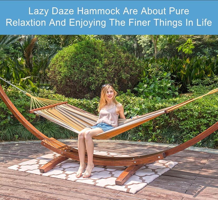 Lazy Daze Hammocks Cotton Fabric Spreader Bar Hammock and 10.5 Ft Wood Arc Hammock Stand Combo, for Indoor, Outdoor,Patio, Backyard, Khaki and Brown