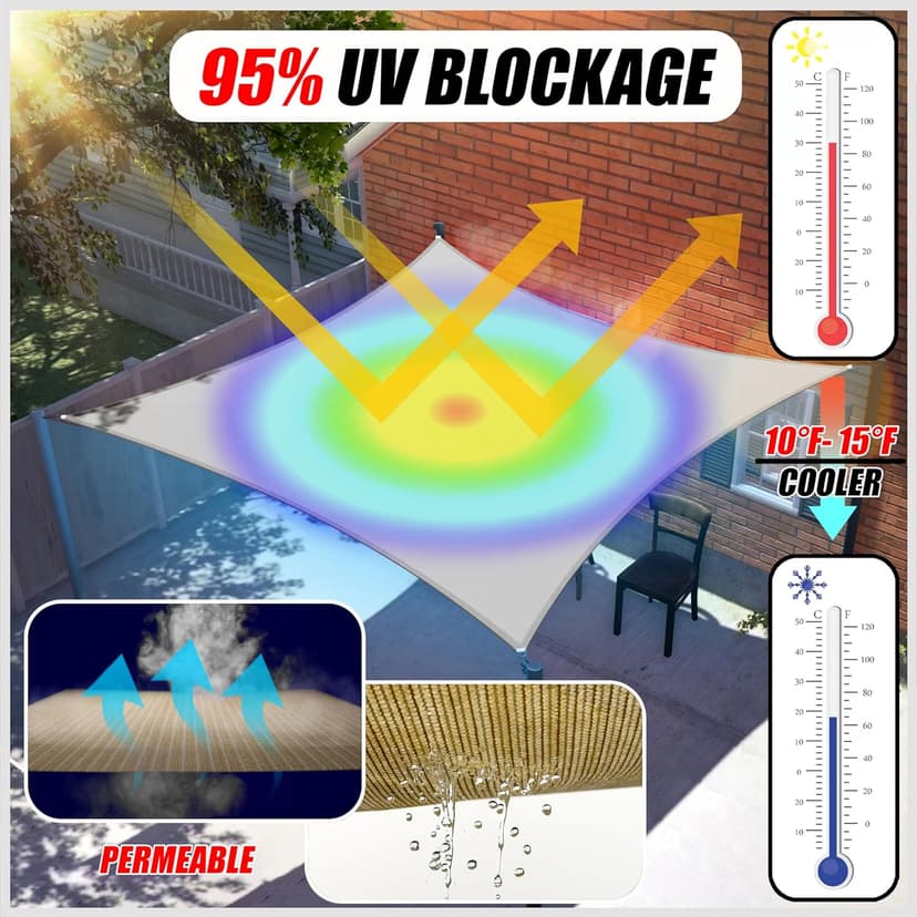 ColourTree 16' x 16' Beige Square Sun Shade Sail Mesh Canopy Fabric Cloth Screen - UV Block Heavy Duty & Commercial Grade, Outdoor Patio Carport (We Make Custom Size)