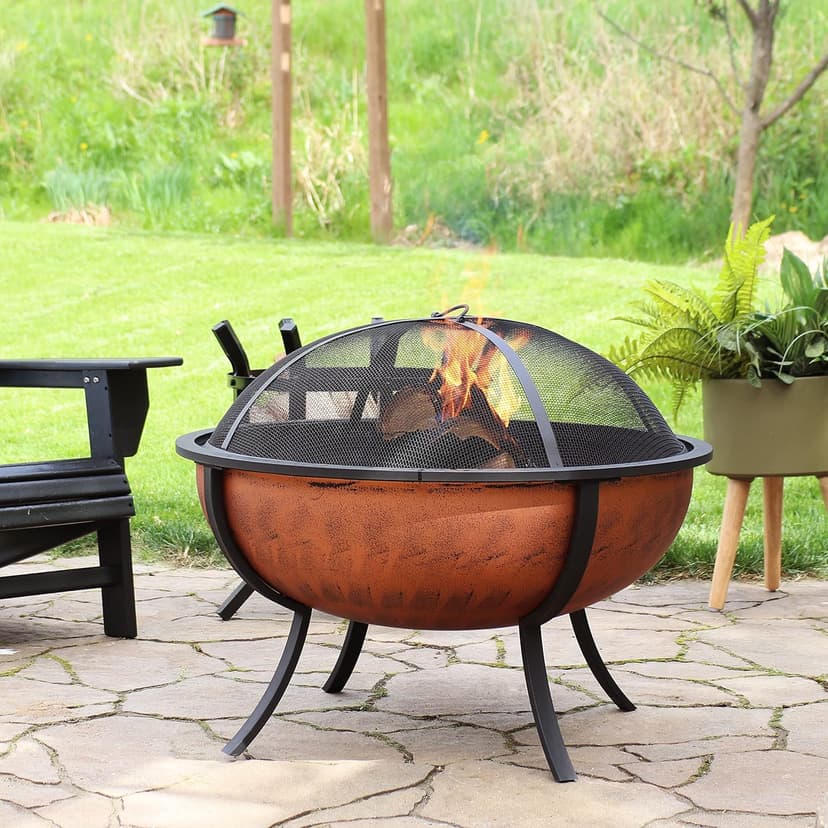 Sunnydaze 32-Inch Steel Fire Pit Bowl - High-Temperature Copper Finish Wood Burning Fire Pit with Screen, Wood Grate, and Poker