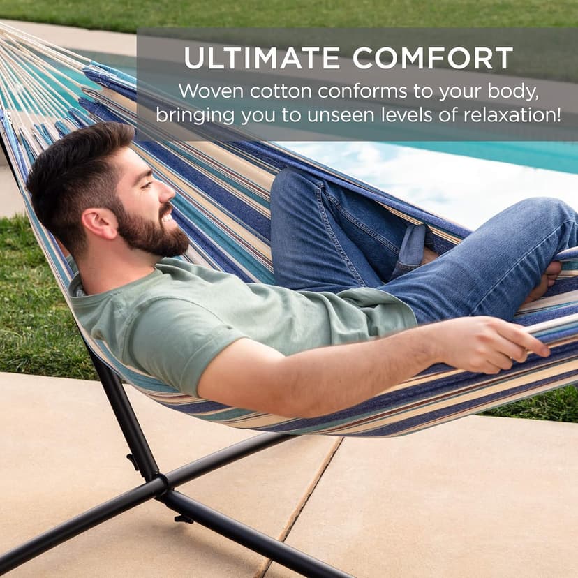 Best Choice Products Double Hammock with Steel Stand, Indoor Outdoor Brazilian-Style Cotton Bed w/Carrying Bag, 2-Person Capacity - Ocean