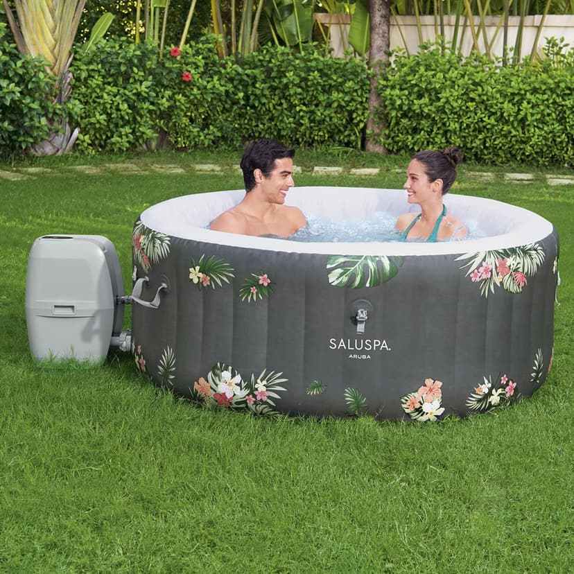Bestway SaluSpa Aruba AirJet Large Round 2 to 3 Person Inflatable Hot Tub Portable Outdoor Spa with 110 AirJets and EnergySense Cover, Grey