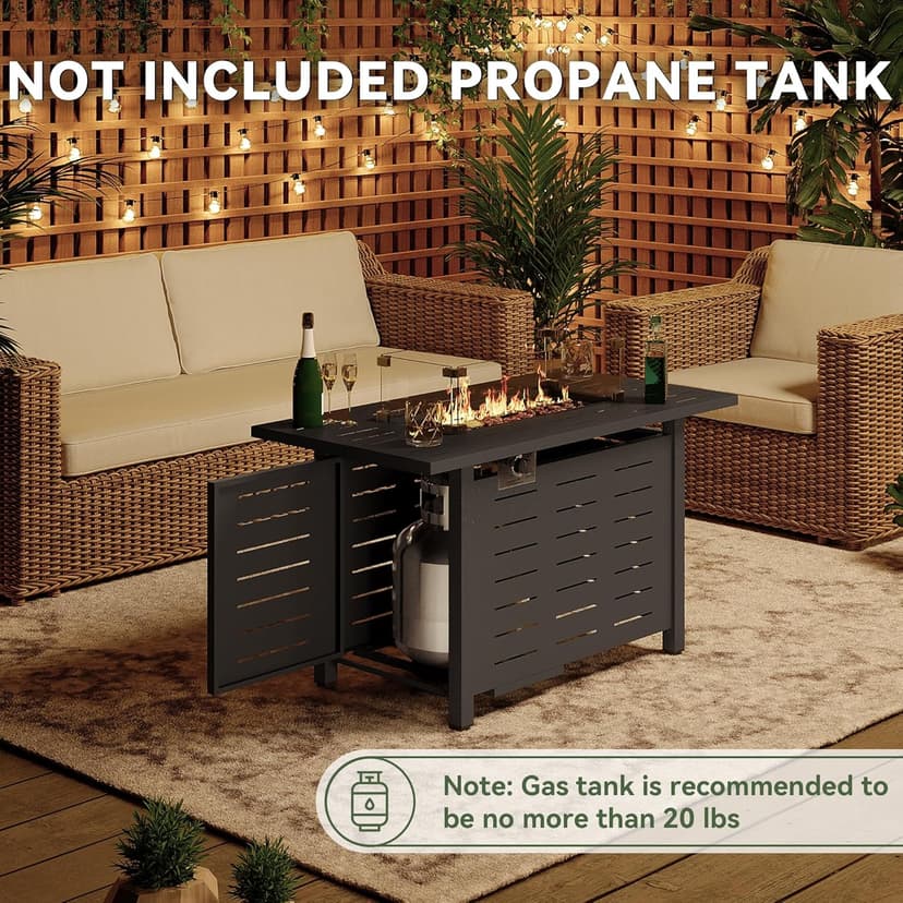 Aoxun 44 Inch Propane Fire Pit 50,000 BTU Outdoor Gas Fire Table with Waterproof Cover and Glass Wind Guard, Rectangular Steel Firepit Table with Lid and Lava Rock for Outdoor, Patio, Backyard