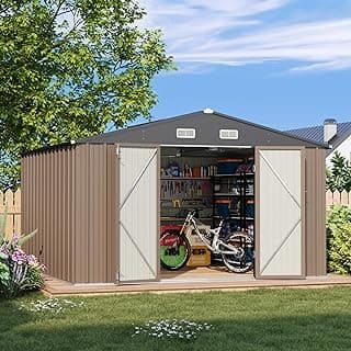 Patiowell 10 x 10 FT Outdoor Storage Shed,Metal Yard Shed with Design of Lockable Doors, Utility and Tool Storage for Garden, Patio, Backyard, Outside use,Brown