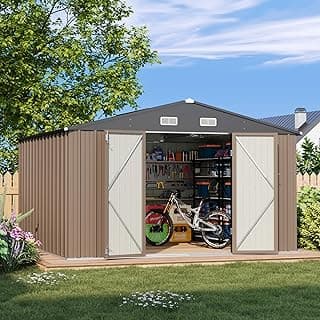 Patiowell 10 x 10 FT Outdoor Storage Shed,Metal Yard Shed with Design of Lockable Doors, Utility and Tool Storage for Garden, Patio, Backyard, Outside use,Brown