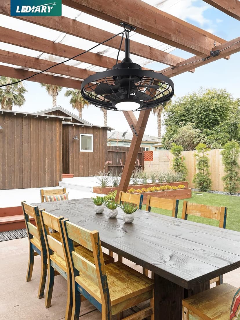 LEDIARY 20" Outdoor Ceiling Fans with Lights and Remote Control, Waterproof Caged Ceiling Fan with 3 Color LED Light,Portable Hanging Gazebo Fan with Plug in Cord Hook for Patios,Black
