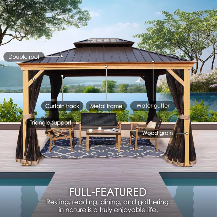 Kozyard Apollo 10’x12’ Hardtop Gazebo, Wooden Coated Aluminum Frame Canopy with Galvanized Steel Double Roof, Outdoor Permanent Metal Pavilion with Netting for Patio, Deck and Lawn (10ft x 12ft)
