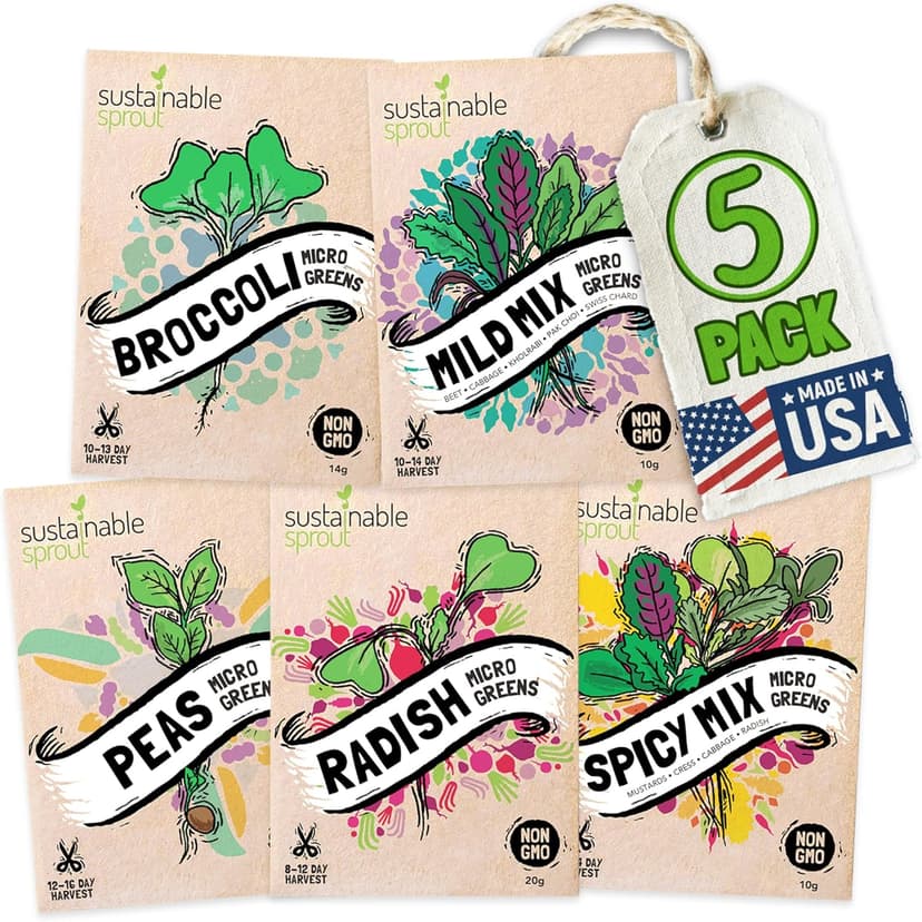 Microgreens Seeds Growing Kit: 5 Micro Green Variety Pack, Broccoli, Beets, Arugula, Spicy, Mild Mix, 100% Non GMO Sprouting Seeds, Organic Microgreen Seed Planting Indoor Garden by Sustainable Sprout