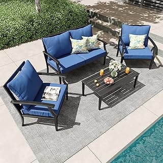 4-Piece Patio Conversation Set,Oversized Outdoor Metal Furniture Set with Table and Loveseat,Removable and Washable Deep Seating Cushions,High Backrest for Porch Poolside Deck,Navy