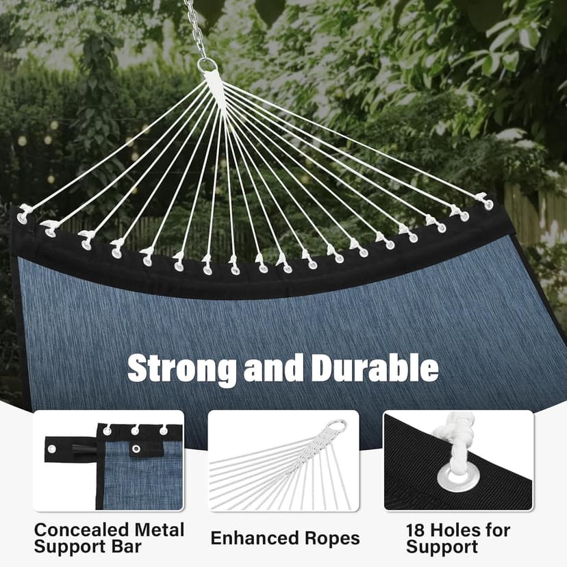 Patio Watcher 13 FT Quick Dry Olefin Hammock - Outdoor Double Hammock with Metal Curved Spreader Bars - 450 lbs Capacity - Dark Blue
