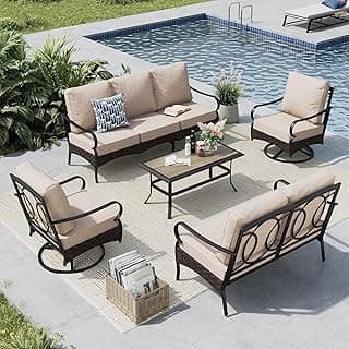 MFSTUDIO 5 PCS Outdoor Patio Furniture Set, Metal Outdoor Conversation Set, Rattan Wicker Patio Sectional Sofa Set with 2 x Swivel Single Sofa, 2-Seat and 3-Seat Sofa, 1 x Coffee Table, Beige