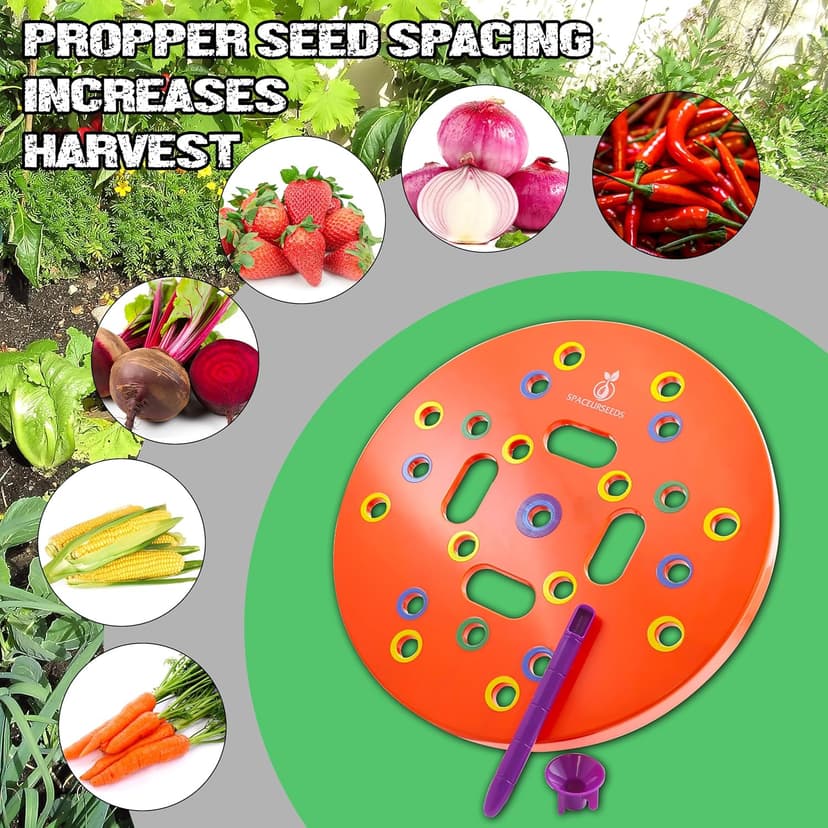 Round Seed Planting Template by Spaceurseeds – Patented Color-Coded Garden Spacing Tool Kit with Seed & Seedling Spacer, Dibber with Seed Spoon & Laminated Vegetable Growing Guide